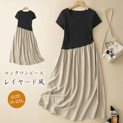 ロングワンピース 半袖ワンピース 夏 Tシャツワンピ 切り替え風 Ｖネック Tシャツ 無地 抜け感 細見え オーバーサイズ ビッグサイズ 大きいサイズ ゆるT 大人カジュアル シンプル ゆるワンピ 秋 マキシワンピ 柔らかい 体型カバー Aライン 送料無料
