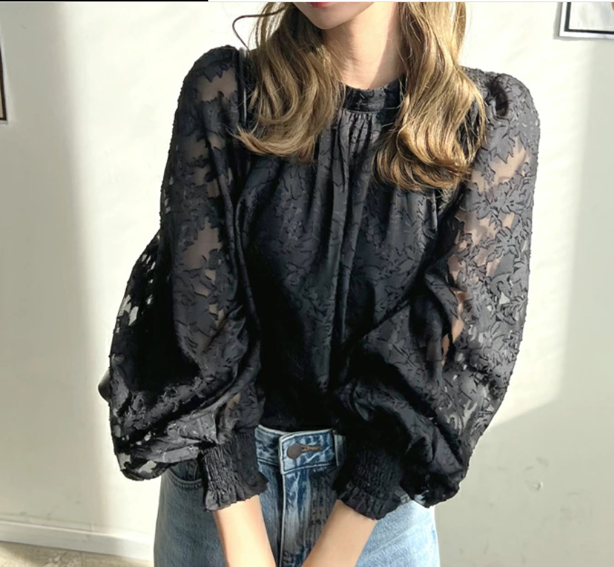 総レースブラウス 春秋 ブラウス 刺繍 ギャザー レディース シアー レース トップス シアートップス レイヤード パフ袖 シャーリング 長袖 花柄 大人可愛い 体型カバー 春夏 着瘦せ 送料無料 柔らか