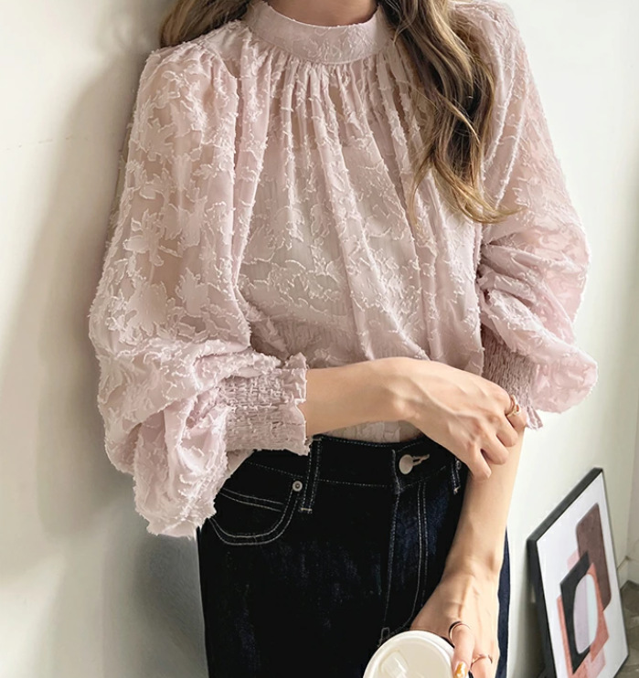 総レースブラウス 春秋 ブラウス 刺繍 ギャザー レディース シアー レース トップス シアートップス レイヤード パフ袖 シャーリング 長袖 花柄 大人可愛い 体型カバー 春夏 着瘦せ 送料無料 柔らか
