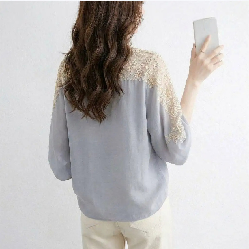 異素材 シャツブラウス バルーン袖 レース切り替え レディース 七分袖 おしゃれ シャツ ブラウス トップス カジュアル 大きいサイズ 体型カバー ゆったり 通勤 夏 シンプル 涼しい 着回し 柔らかい 20代 30代 50代 40代 送料無料 大人可愛い 抜け感