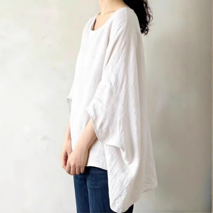 リネン風シャツ ブラウス レディース 夏 七分袖 綿麻風 バルーン袖 tシャツ 大きいサイズ ゆったり プルオーバー きれいめ  カジュアル 大人 おしゃれ 無地 黒 ブラック 体型カバー 着痩せ ナチュラル シンプル 送料無料大人可愛い