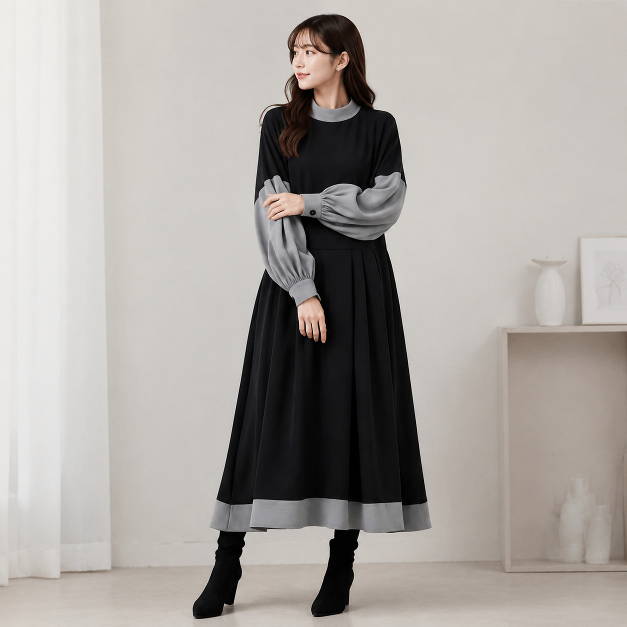 ロングワンピース 長袖 レディース 厚手 可愛い 異素材 きれいめ ワンピース ロング丈 マキシ丈 楽ちん 体型カバー バイカラー ギャザー ゆったり シンプル 無地 カジュアル マキシワンピース 大人可愛い Aライン 春秋 秋冬