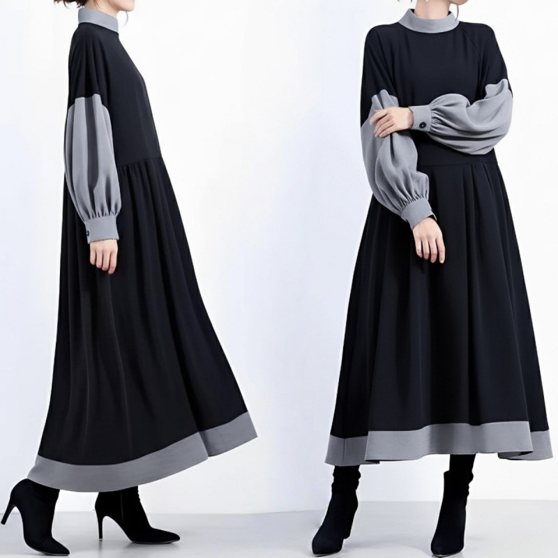 ロングワンピース 長袖 レディース 厚手 可愛い 異素材 きれいめ ワンピース ロング丈 マキシ丈 楽ちん 体型カバー バイカラー ギャザー ゆったり シンプル 無地 カジュアル マキシワンピース 大人可愛い Aライン 春秋 秋冬