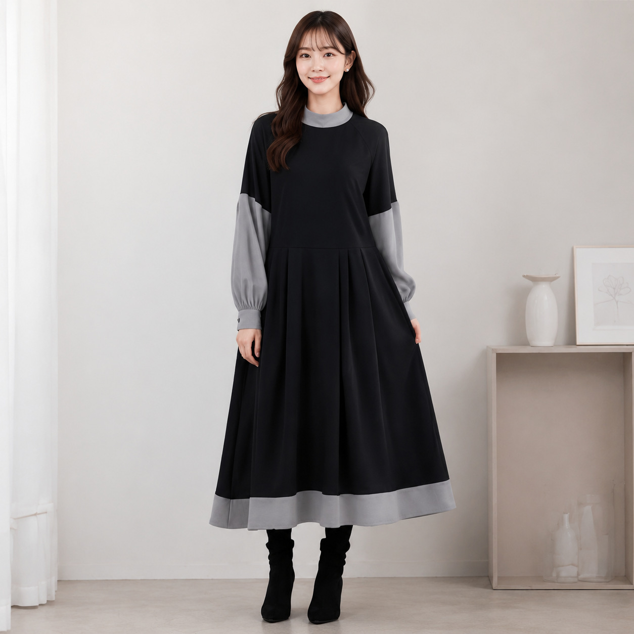 ロングワンピース 長袖 レディース 厚手 可愛い 異素材 きれいめ ワンピース ロング丈 マキシ丈 楽ちん 体型カバー バイカラー ギャザー ゆったり シンプル 無地 カジュアル マキシワンピース 大人可愛い Aライン 春秋 秋冬