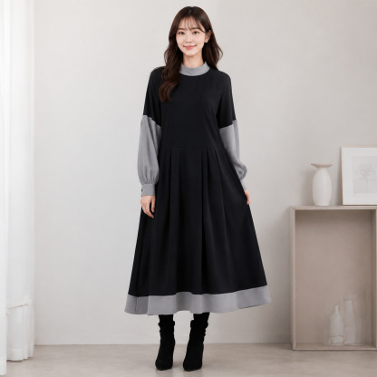 ロングワンピース 長袖 レディース 厚手 可愛い 異素材 きれいめ ワンピース ロング丈 マキシ丈 楽ちん 体型カバー バイカラー ギャザー ゆったり シンプル 無地 カジュアル マキシワンピース 大人可愛い Aライン 春秋 秋冬