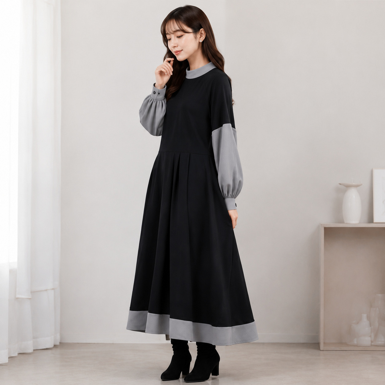 ロングワンピース 長袖 レディース 厚手 可愛い 異素材 きれいめ ワンピース ロング丈 マキシ丈 楽ちん 体型カバー バイカラー ギャザー ゆったり シンプル 無地 カジュアル マキシワンピース 大人可愛い Aライン 春秋 秋冬