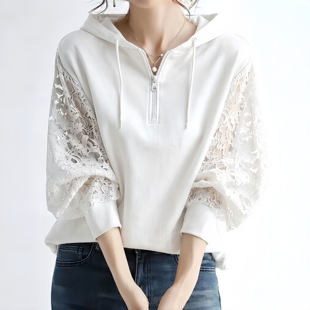 異素材 パーカー レディース 春秋 フード付き パフスリーブ レース 切り替え トップス 長袖 プルオーバー ゆったり おしゃれ 無地 シンプル 韓国風 春夏 きれいめ 大人可愛い 体型カバー 20 30 40 50代 レース切り替え