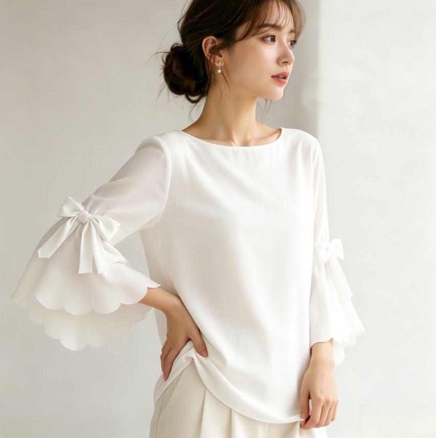 シフォンブラウス シャツブラウス レディース フレアスリーブ シフォン リボン ゆったり 夏 七分袖 フォーマル 無地 tシャツ 大きいサイズ ゆったり きれいめ  カジュアル 大人 おしゃれ 体型カバー 着痩せ ナチュラル シンプル
