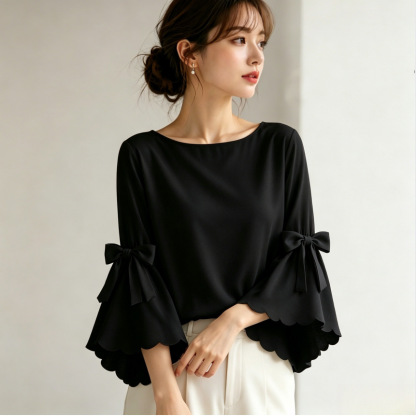 シフォンブラウス シャツブラウス レディース フレアスリーブ シフォン リボン ゆったり 夏 七分袖 フォーマル 無地 tシャツ 大きいサイズ ゆったり きれいめ  カジュアル 大人 おしゃれ 体型カバー 着痩せ ナチュラル シンプル