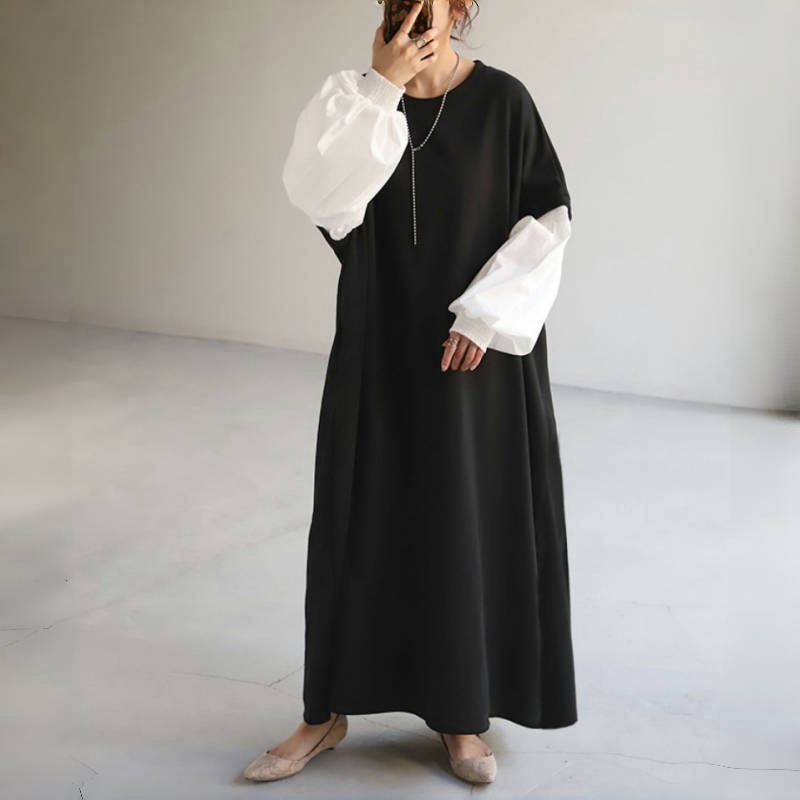 ロングワンピース 長袖 レディース 秋冬 可愛い 異素材 きれいめ パフ袖 ワンピース ロング丈 マキシ丈 楽ちん 体型カバー バイカラー ゆったり シンプル 無地 カジュアル マキシワンピース 大人可愛い Aライン 春秋 秋冬