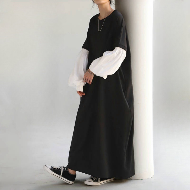 ロングワンピース 長袖 レディース 秋冬 可愛い 異素材 きれいめ パフ袖 ワンピース ロング丈 マキシ丈 楽ちん 体型カバー バイカラー ゆったり シンプル 無地 カジュアル マキシワンピース 大人可愛い Aライン 春秋 秋冬