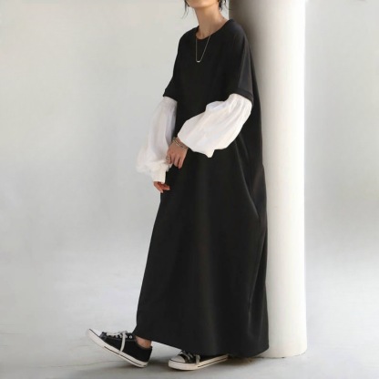 ロングワンピース 長袖 レディース 秋冬 可愛い 異素材 きれいめ パフ袖 ワンピース ロング丈 マキシ丈 楽ちん 体型カバー バイカラー ゆったり シンプル 無地 カジュアル マキシワンピース 大人可愛い Aライン 春秋 秋冬