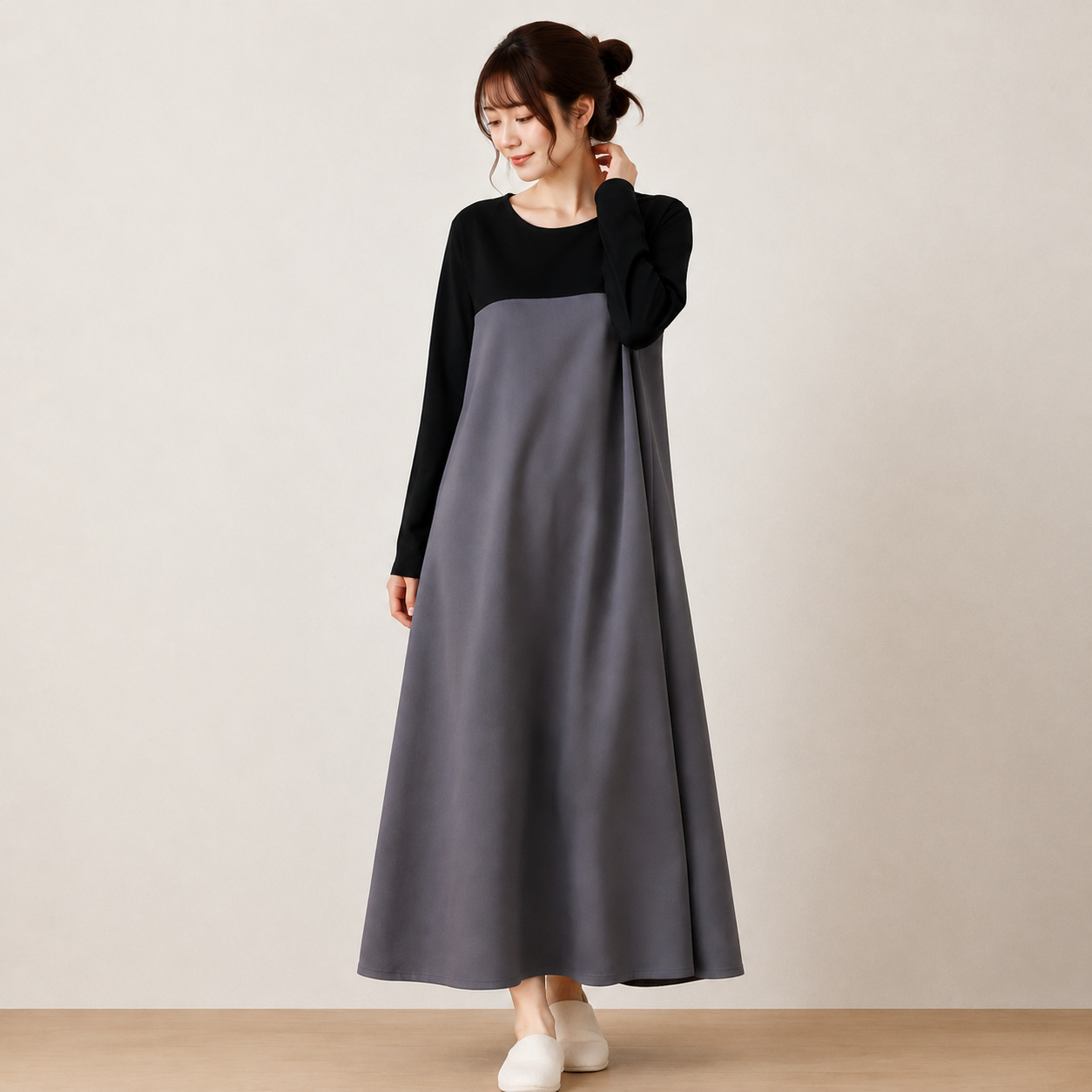 ロングワンピース 長袖 レディース 厚手 可愛い 切り替え きれいめ ワンピース ロング丈 マキシ丈 楽ちん 体型カバー バイカラー ゆったり シンプル 無地 カジュアル マキシワンピース 大人可愛い Aライン 春秋 秋冬