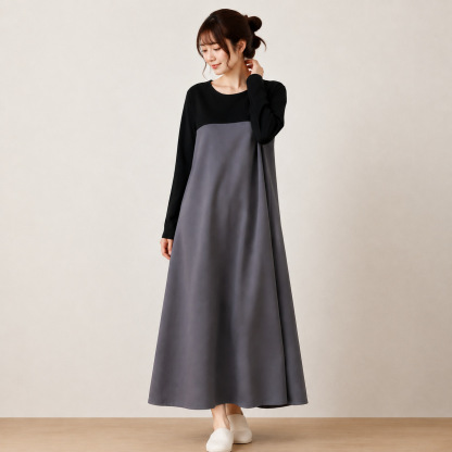 ロングワンピース 長袖 レディース 厚手 可愛い 切り替え きれいめ ワンピース ロング丈 マキシ丈 楽ちん 体型カバー バイカラー ゆったり シンプル 無地 カジュアル マキシワンピース 大人可愛い Aライン 春秋 秋冬