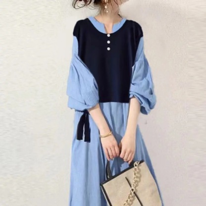 ロングワンピース 七分袖 レディース 秋 春 可愛い 切り替え きれいめ ワンピース ロング丈 マキシ丈 楽ちん 体型カバー バイカラー ゆったり シンプル 無地 カジュアル マキシワンピース 大人可愛い Aライン 春秋 秋冬