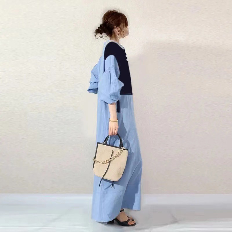 ロングワンピース 七分袖 レディース 秋 春 可愛い 切り替え きれいめ ワンピース ロング丈 マキシ丈 楽ちん 体型カバー バイカラー ゆったり シンプル 無地 カジュアル マキシワンピース 大人可愛い Aライン 春秋 秋冬