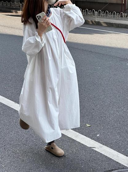シャツワンピース ロング 綿麻 レディース きれいめ カーディガン 春秋 コットン 長袖 大きいサイズ ガーゼ レイヤード ロングワンピース 透け感 前開き Aライン 丸ネック 体型カバー 通勤 OL フォーマル 送料無料 ゆるっと 大人可愛い 着痩せ