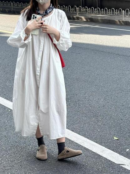 シャツワンピース ロング 綿麻 レディース きれいめ カーディガン 春秋 コットン 長袖 大きいサイズ ガーゼ レイヤード ロングワンピース 透け感 前開き Aライン 丸ネック 体型カバー 通勤 OL フォーマル 送料無料 ゆるっと 大人可愛い 着痩せ