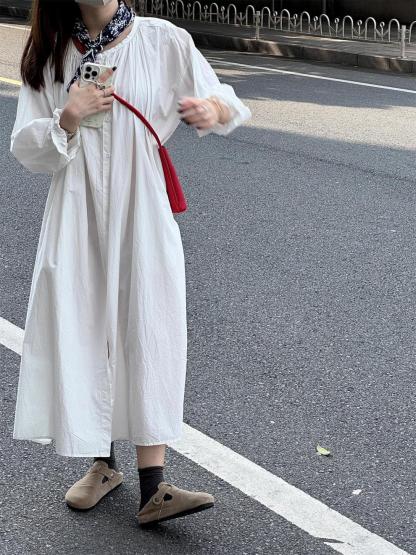 シャツワンピース ロング 綿麻 レディース きれいめ カーディガン 春秋 コットン 長袖 大きいサイズ ガーゼ レイヤード ロングワンピース 透け感 前開き Aライン 丸ネック 体型カバー 通勤 OL フォーマル 送料無料 ゆるっと 大人可愛い 着痩せ