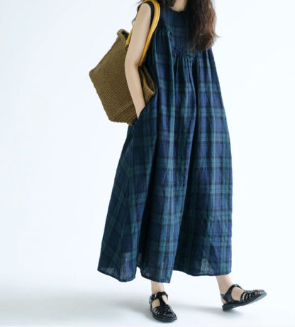 リネンワンピース ノースリーブ ロングワンピース レディース 麻 リネン風 体型カバー 春夏 リゾート チェック柄 ゆったり 通勤 可愛い マキシワンピース きれいめ リゾートワンピース マキシ丈 ポケット付き