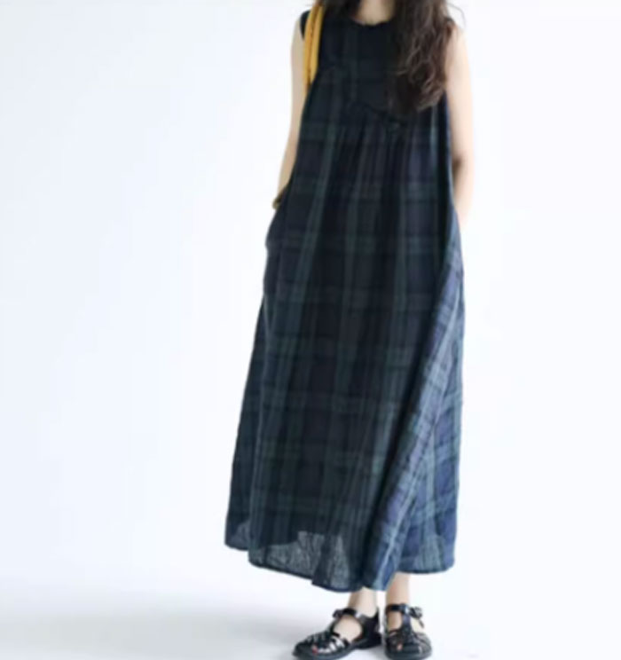 リネンワンピース ノースリーブ ロングワンピース レディース 麻 リネン風 体型カバー 春夏 リゾート チェック柄 ゆったり 通勤 可愛い マキシワンピース きれいめ リゾートワンピース マキシ丈 ポケット付き