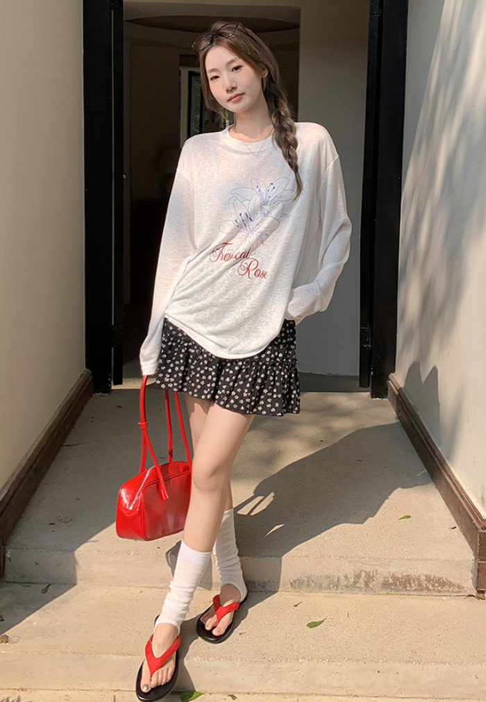 シアーシャツ Ｔシャツ レディース シャツ 綿混紡 リヨセル レイヤード 重ね着 プルオーバー トップス シアー ブラウス 長袖 透け感 春 夏 フリル 丸ネック プリント 冷房対策 春秋 体型カバー きれいめ トップス ゆったり 薄手 UVカット 紫外線対策