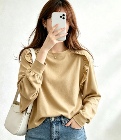 長袖tシャツ レディース 秋冬 カットソー tシャツ 長袖 ゆるt きれいめ 大きいサイズ 体型カバー シンプル かわいい 無地 長袖フリル ブラウス トップス 柔らかい おしゃれトップス 春 夏 ゆったり 大人可愛い 着痩せる 送料無料
