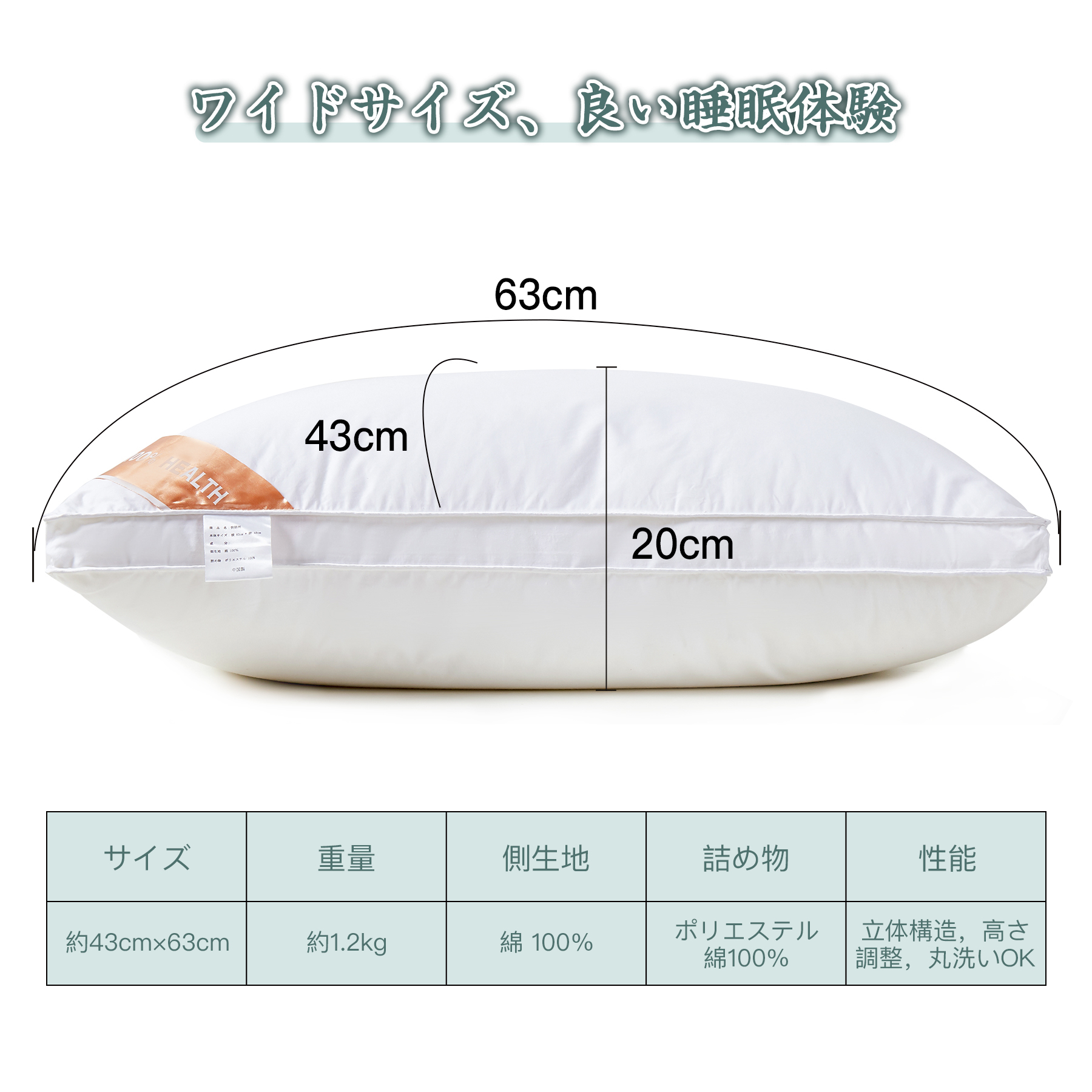 AYO 枕 まくら ホテル仕様 高反発枕 横向き対応 丸洗い可能 立体構造43x63cm ホワイト母の日/父の日/誕生日のプレゼント(長さ63cm*幅43cm*高さ20cm)