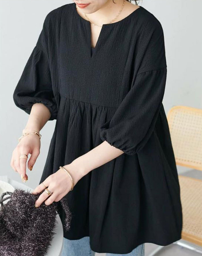チュニックブラウス 30代 40代 50代 春夏 薄め チュニック ふんわり 七分袖 パフスリーブ レディース トップス 無地 着痩せ シンプル きれいめ ゆったり 体型カバー カジュアル 着瘦せ効果 大人可愛い 大きいサイズ