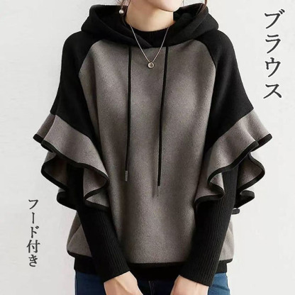 ブラウス フード付き 5分袖 春秋 切り替え レイヤード風 レディース トップス 大きいサイズ ゆったり 体型カバー 大人 可愛い カジュアル フレア袖 フリル 着回し パーカー インナーを含めず 送料無料