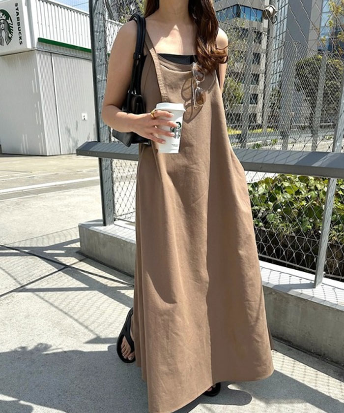 ジャンパースカート レディース ワンピース ジャンスカ キャミソールワンピース ロングワンピース ボトム 体型カバー ゆったり フレア ポケット マタニティ アウトドア 春夏 春 夏 秋 レイヤード風 重ね着 