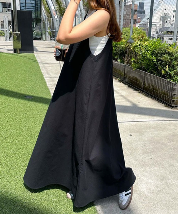 ジャンパースカート レディース ワンピース ジャンスカ キャミソールワンピース ロングワンピース ボトム 体型カバー ゆったり フレア ポケット マタニティ アウトドア 春夏 春 夏 秋 レイヤード風 重ね着 