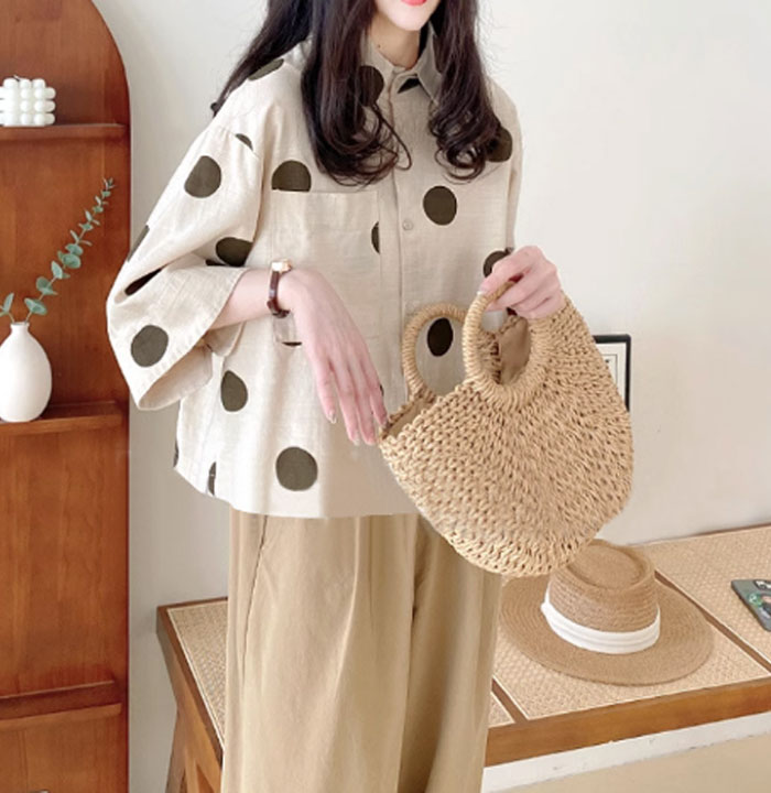 ブラウス レディース 七分袖 シャツ ドット シャツブラウス 水玉 ブラウスチュニック 春夏 トップス ゆったり 体型カバー カジュアル ナチュラム シンプル オシャレ 大きいサイズ 可愛い 着瘦せ 大人可愛い