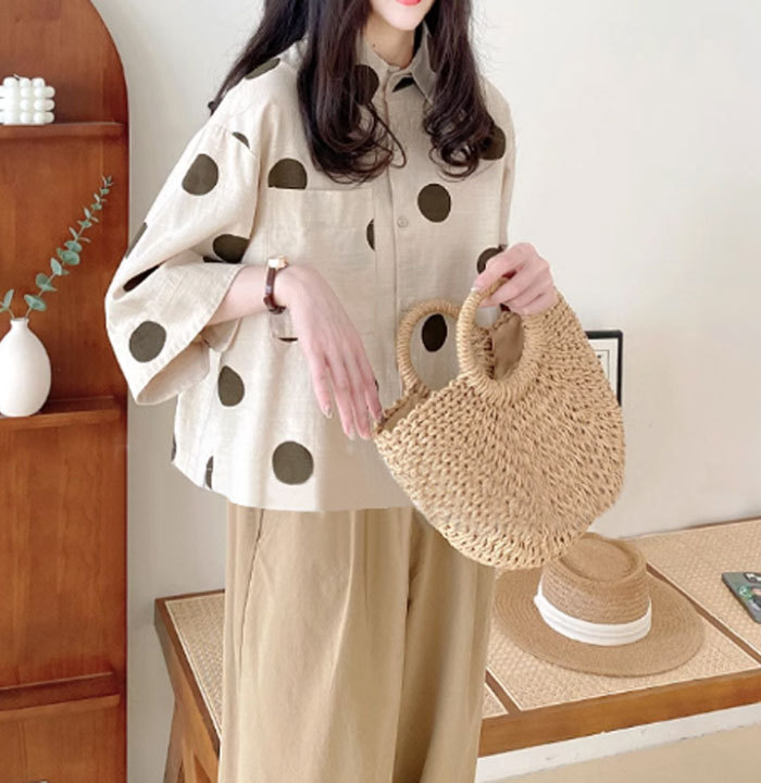 ブラウス レディース 七分袖 シャツ ドット シャツブラウス 水玉 ブラウスチュニック 春夏 トップス ゆったり 体型カバー カジュアル ナチュラム シンプル オシャレ 大きいサイズ 可愛い 着瘦せ 大人可愛い