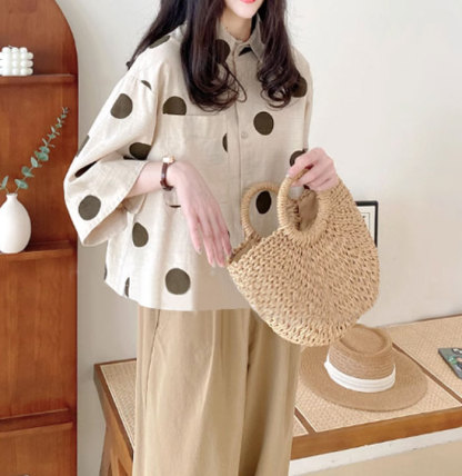 ブラウス レディース 七分袖 シャツ ドット シャツブラウス 水玉 ブラウスチュニック 春夏 トップス ゆったり 体型カバー カジュアル ナチュラム シンプル オシャレ 大きいサイズ 可愛い 着瘦せ 大人可愛い