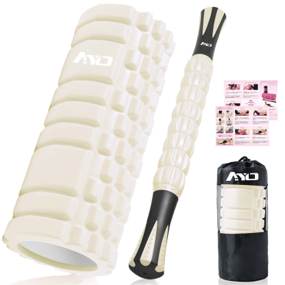 フォームローラー AYO 筋膜リリース マッサージローラー 筋膜ローラー セット ヨガポール 足 太もも 背中 筋肉ほぐし ストレッチ トレーニング スポーツ フィットネス ストレッチ器具 説明書 収納バッグ オフホワイト
