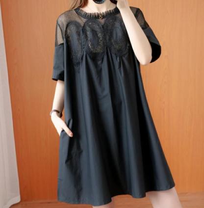 チュニックワンピース　チュニックブラウス　レース　ブラウス　チュニック　ワンピース　レディース　女の子　半袖　無地　大人　上品　可愛い　おしゃれ　体型カバー　ゆったり　春　春夏　着瘦せ　お出かけ　お呼ばれ　大きいサイズ　ブラック　ホワイト
