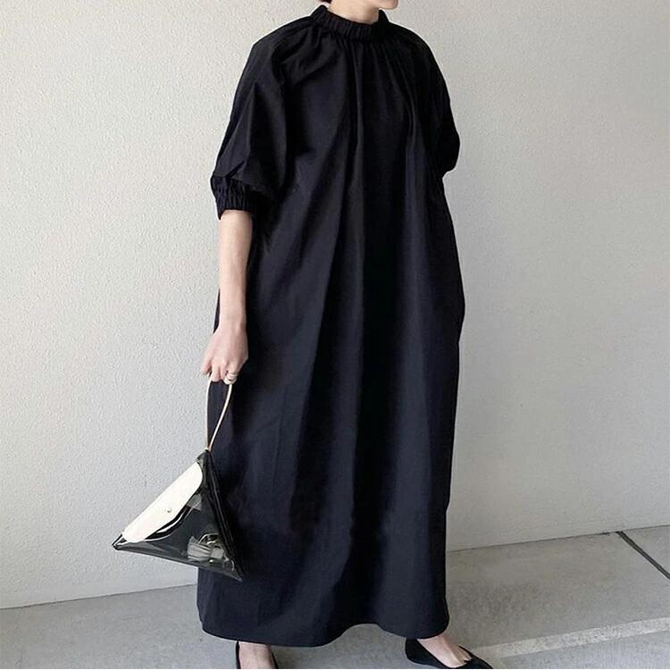 「一部短納期」フリル ワンピース 春 レディース きれいめ ロングワンピース 黒 7分袖 ゆったり マキシワンピース 大きいサイズ ロング フレアワンピース シャツワンピース マキシ丈 Aライン 体型カバー 春夏 コクーンワンピース 半袖 ポケット