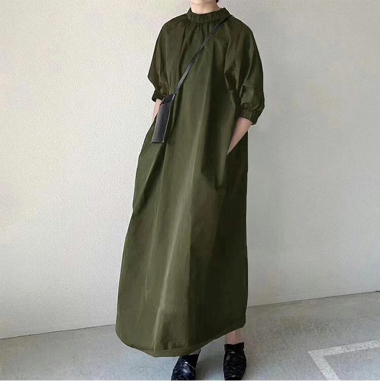 「一部短納期」フリル ワンピース 春 レディース きれいめ ロングワンピース 黒 7分袖 ゆったり マキシワンピース 大きいサイズ ロング フレアワンピース シャツワンピース マキシ丈 Aライン 体型カバー 春夏 コクーンワンピース 半袖 ポケット