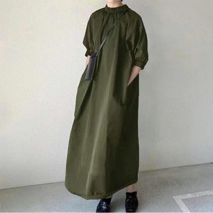 「一部短納期」フリル ワンピース 春 レディース きれいめ ロングワンピース 黒 7分袖 ゆったり マキシワンピース 大きいサイズ ロング フレアワンピース シャツワンピース マキシ丈 Aライン 体型カバー 春夏 コクーンワンピース 半袖 ポケット