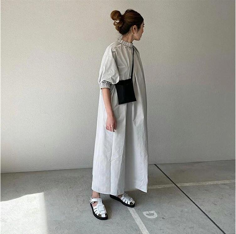 「一部短納期」フリル ワンピース 春 レディース きれいめ ロングワンピース 黒 7分袖 ゆったり マキシワンピース 大きいサイズ ロング フレアワンピース シャツワンピース マキシ丈 Aライン 体型カバー 春夏 コクーンワンピース 半袖 ポケット