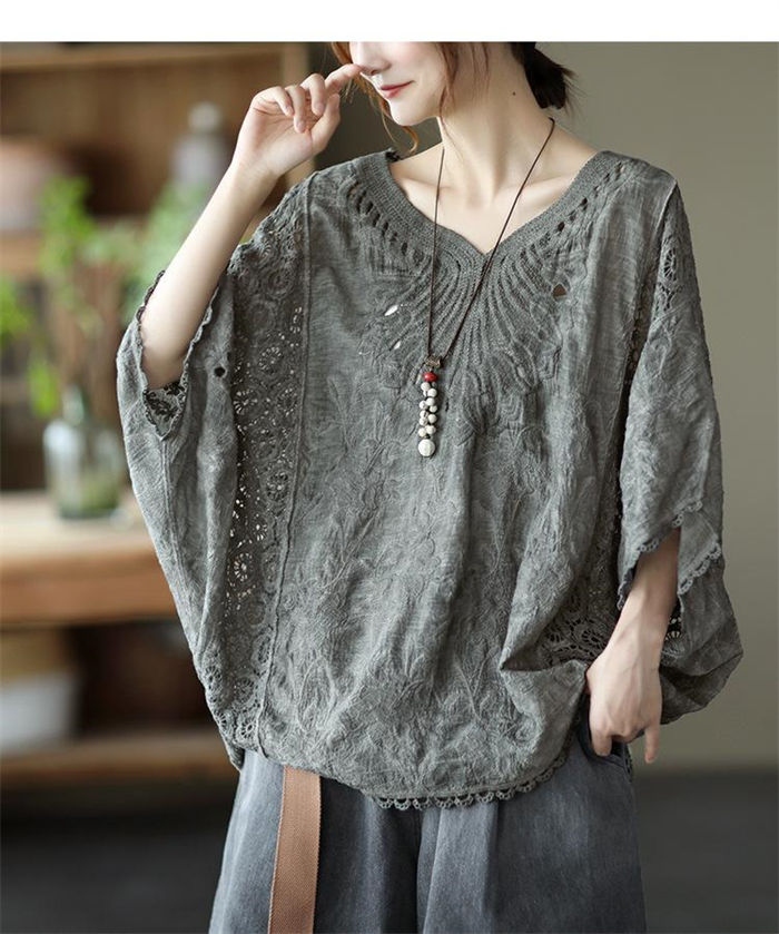 チュニック レース 森ガール レディース tシャツ ドルマンスリーブ ブラウス 大人可愛い 透け感 刺繡 カットソー 夏 ナチュラル ふんわり 五分袖 トップス ファッション おしゃれ エレガント エスニック