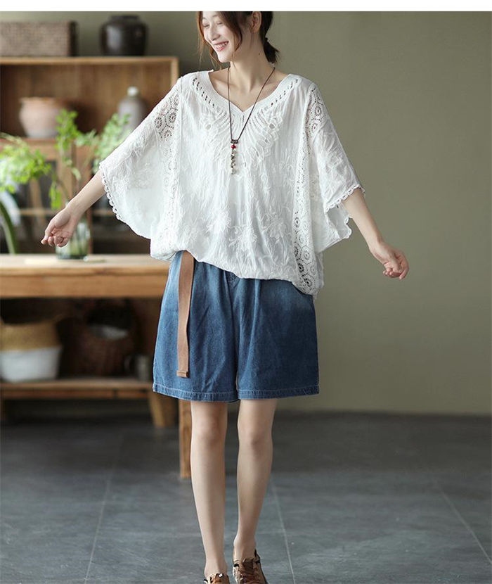 チュニック レース 森ガール レディース tシャツ ドルマンスリーブ ブラウス 大人可愛い 透け感 刺繡 カットソー 夏 ナチュラル ふんわり 五分袖 トップス ファッション おしゃれ エレガント エスニック