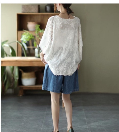チュニック レース 森ガール レディース tシャツ ドルマンスリーブ ブラウス 大人可愛い 透け感 刺繡 カットソー 夏 ナチュラル ふんわり 五分袖 トップス ファッション おしゃれ エレガント エスニック