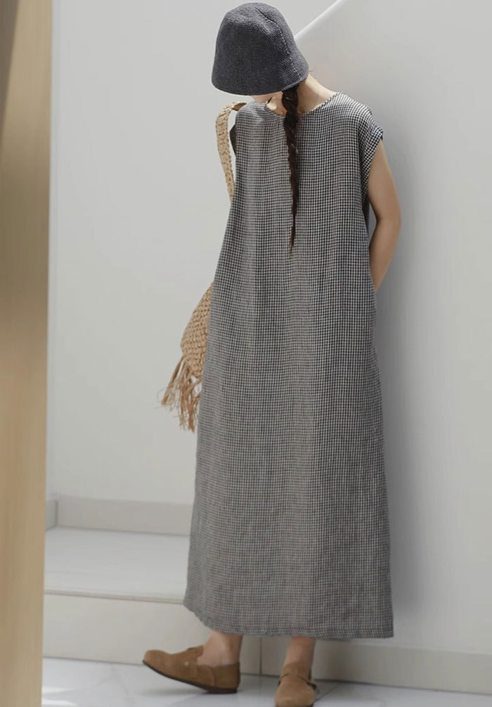 ワンピース 綿麻混紡 フレンチスリーブ aライン ロングワンピース チェック柄ワンピース レディース ロング 涼しい ノースリーブ きれいめ カジュアル ロング丈 マキシ 着痩せ ゆったり 体型カバー 大人可愛い 夏ワンピース 春夏 夏