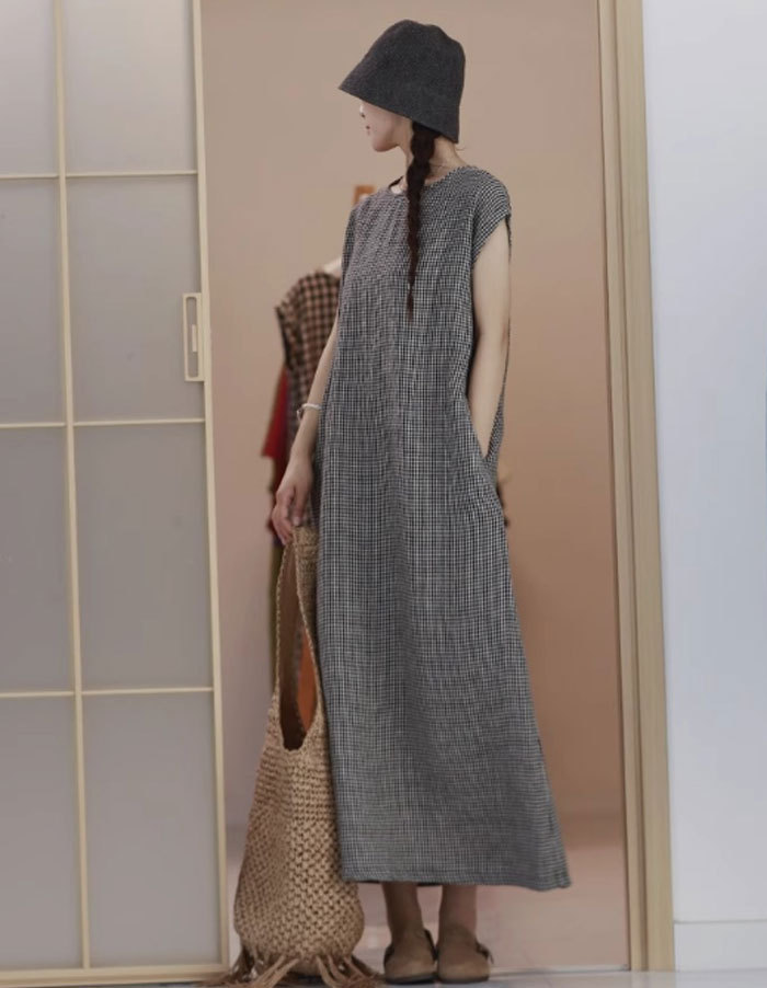 ワンピース 綿麻混紡 フレンチスリーブ aライン ロングワンピース チェック柄ワンピース レディース ロング 涼しい ノースリーブ きれいめ カジュアル ロング丈 マキシ 着痩せ ゆったり 体型カバー 大人可愛い 夏ワンピース 春夏 夏