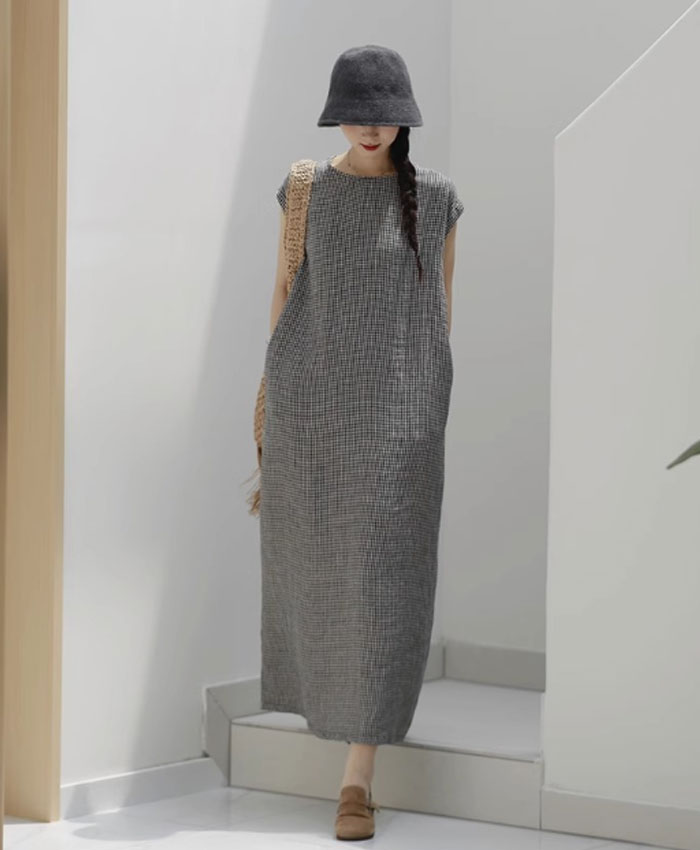ワンピース 綿麻混紡 フレンチスリーブ aライン ロングワンピース チェック柄ワンピース レディース ロング 涼しい ノースリーブ きれいめ カジュアル ロング丈 マキシ 着痩せ ゆったり 体型カバー 大人可愛い 夏ワンピース 春夏 夏
