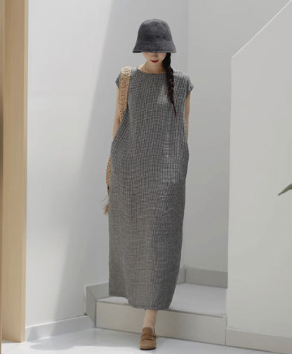 ワンピース 綿麻混紡 フレンチスリーブ aライン ロングワンピース チェック柄ワンピース レディース ロング 涼しい ノースリーブ きれいめ カジュアル ロング丈 マキシ 着痩せ ゆったり 体型カバー 大人可愛い 夏ワンピース 春夏 夏
