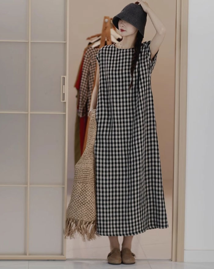 ワンピース 綿麻混紡 フレンチスリーブ aライン ロングワンピース チェック柄ワンピース レディース ロング 涼しい ノースリーブ きれいめ カジュアル ロング丈 マキシ 着痩せ ゆったり 体型カバー 大人可愛い 夏ワンピース 春夏 夏