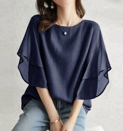 ブラウス レディース トップス 半袖 五分袖 Tシャツ 薄め フレア袖 プルオーバー シャツ パーカー シフォン レイヤード 春 夏 秋 大人可愛い 着回し コーデ完成 20代 30代 40代 50代